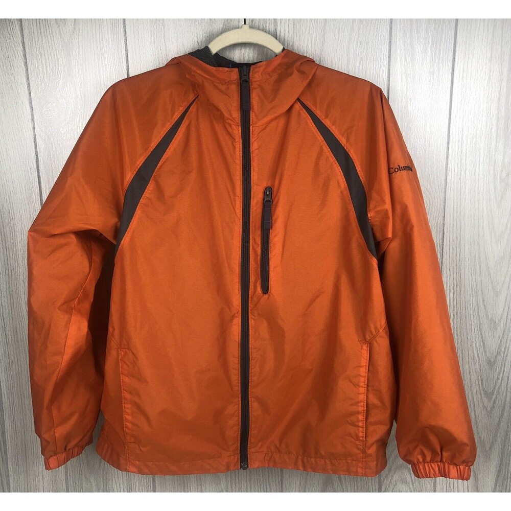 Columbia Youth Orange/Gray Hooded Windbreaker Rain Jacket Size 14-16 Boys Unisex